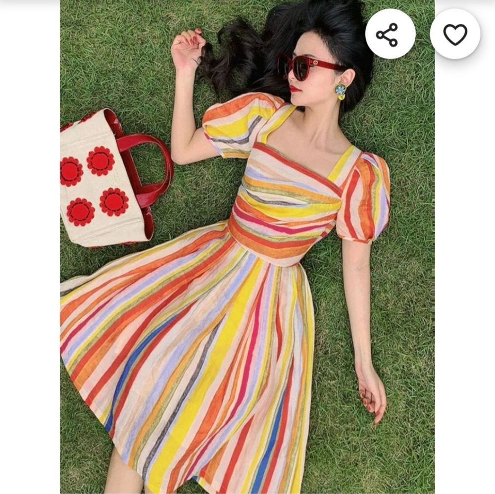 Nwt Mr Water Rainbow Rockabilly Striped Midi Lantern Sleeve Sweet Retro Dress